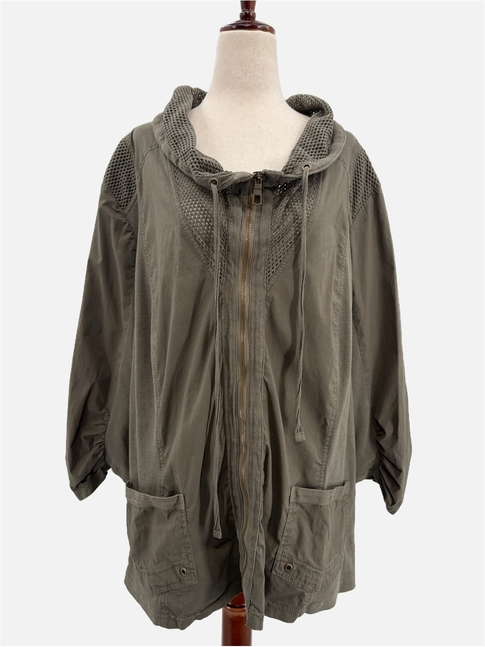 XCVI Wearables Fjord Jacket Olive Green Mesh Cowl Neck 3X